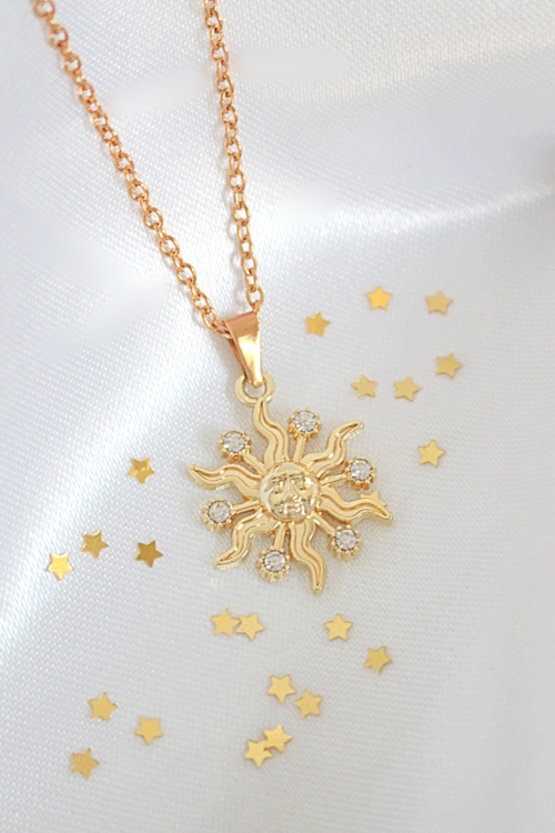 Colier 24 Karats CZ Sun Pendant Necklace