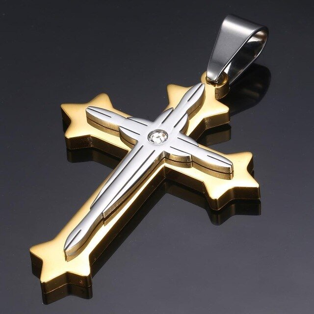Pendentif croix pour homme, en acier inoxydable noir, or et argent