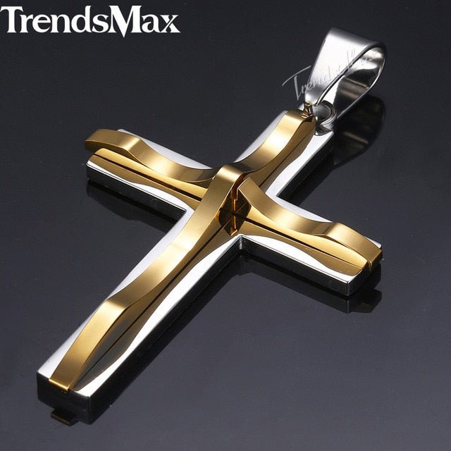 Pendentif croix pour homme, en acier inoxydable noir, or et argent