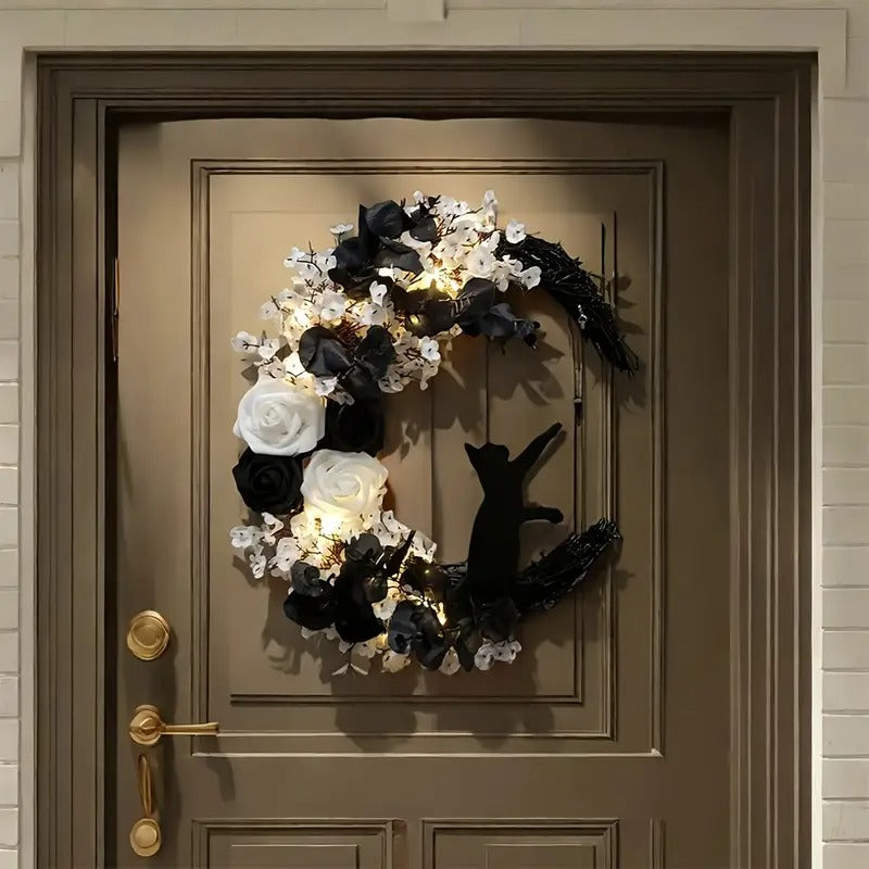 Couronne de lune et chat mystique pour portes, fêtes et charme tout au long de l'année